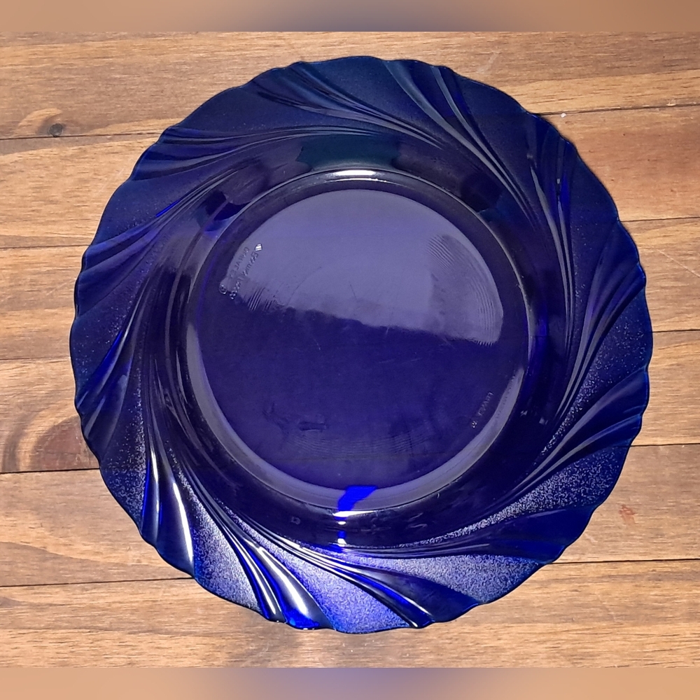 Set Of 4 9" Duralex Cobalt Blue Spiral Glass Dishware
